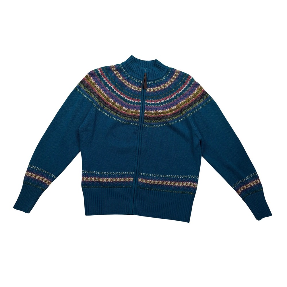 Vintage Tiara International Teal Fair Isle Zip Cardigan Sweater Ramie Cotton L